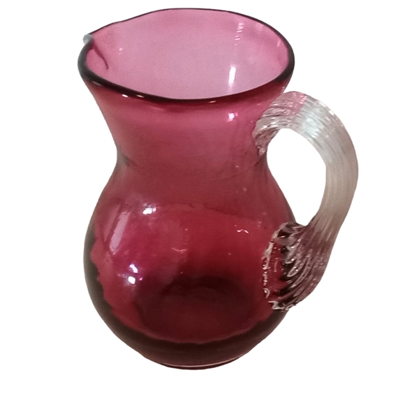 Pilgrim Cranberry Glass Small Pitcher Creamer 4" Reed Handle Vintage - Picture 11 of 11
